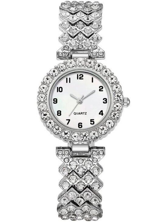 Women Silver Analog Fashion Diamond Bangle Bracelet Set Luxury Round Wrist Watch main image 5